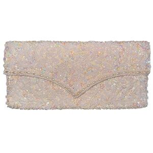 Vintage Sequin & Beaded Clutch 60s White Iridescent Handmade Soft Sided Purse